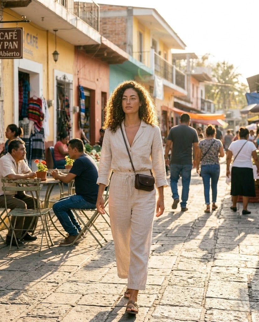 Woman crossing a sunlit plaza with a steady, certain stride
