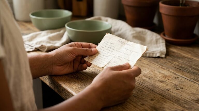 Hands holding a worn handwritten family recipe card in warm kitchen light