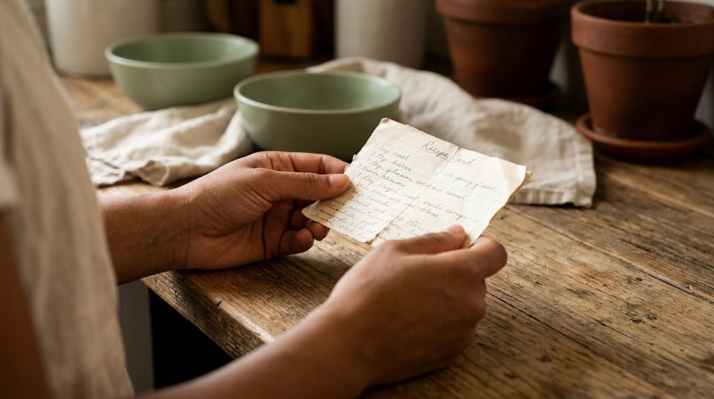 Hands holding a worn handwritten family recipe card in warm kitchen light