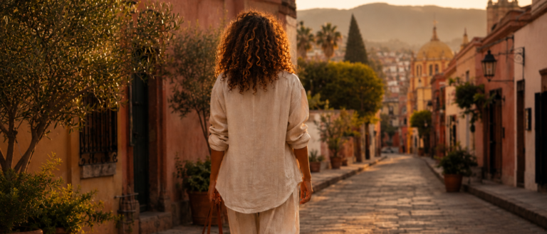 Woman in cream linen walking down a quiet cobblestone street in Mexico at sunrise, carrying a woven bag in warm golden light.