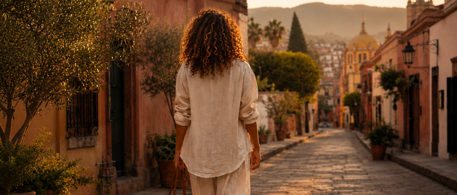 Woman in cream linen walking down a quiet cobblestone street in Mexico at sunrise, carrying a woven bag in warm golden light.