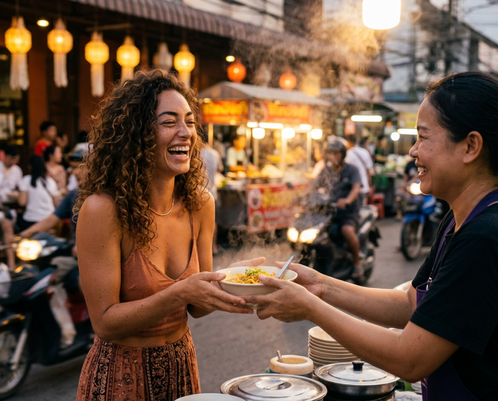 Woman receiving a bowl of khao soi at a Chiang Mai evening market lit by lanterns