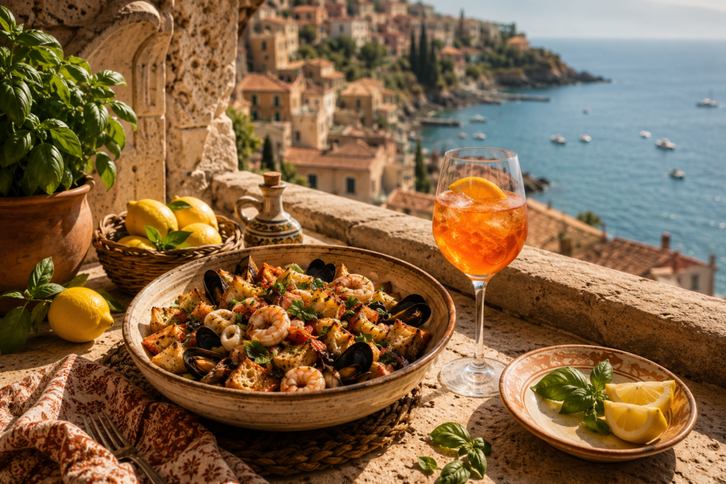 A bowl of seafood panzanella beside a chilled Aperol Spritz on a Tuscan balcony overlooking the sea