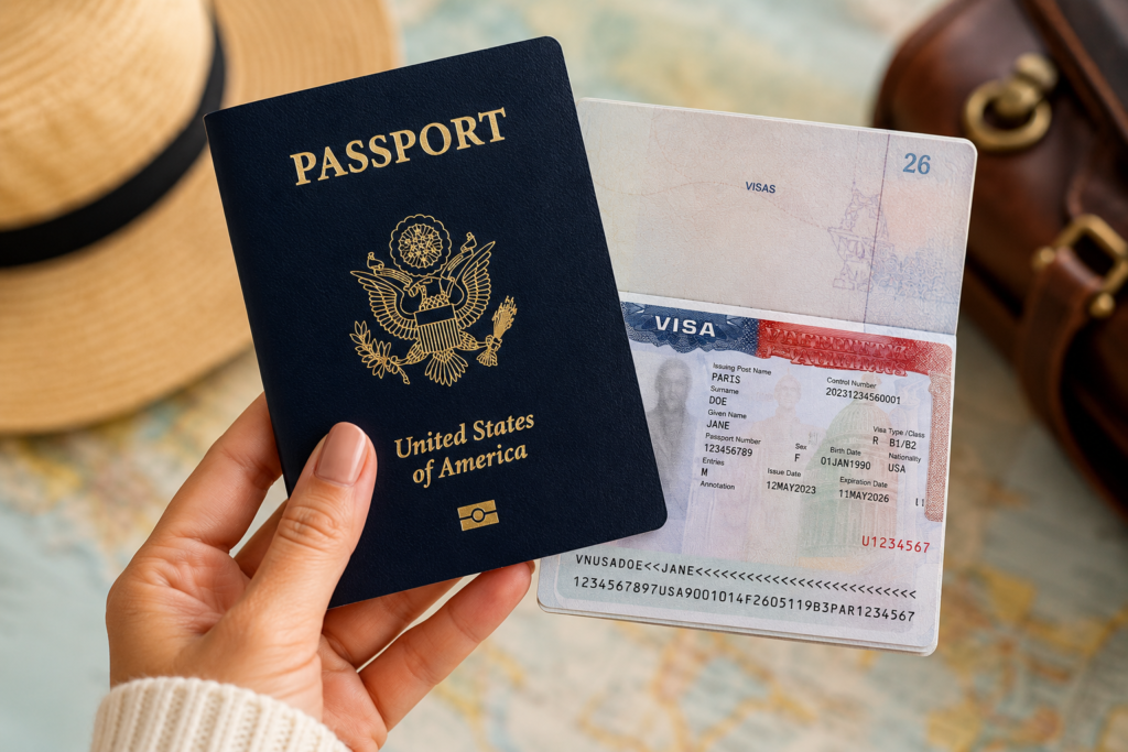 Hand holding a passport and visa document over a travel map with luggage in the background