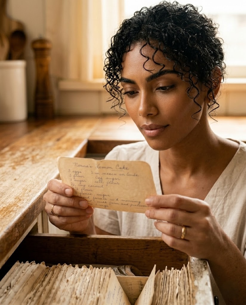 A hand lifting an old recipe card from a drawer of faded handwritten cards