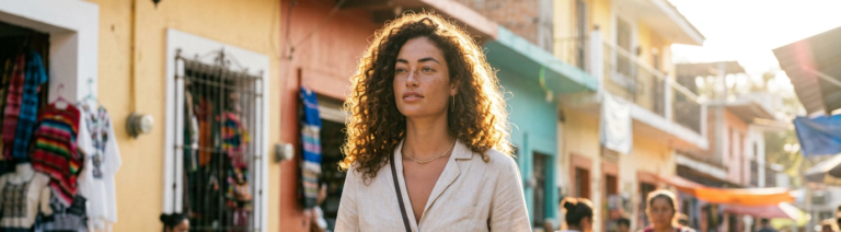 Woman walking confidently through a sunlit foreign street with a crossbody bag