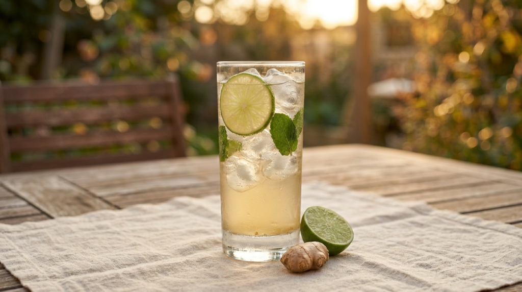 A tall glass of chilled ginger lime tea served over ice with fresh lime slices and mint leaves, placed on a rustic wooden table in warm golden evening light.