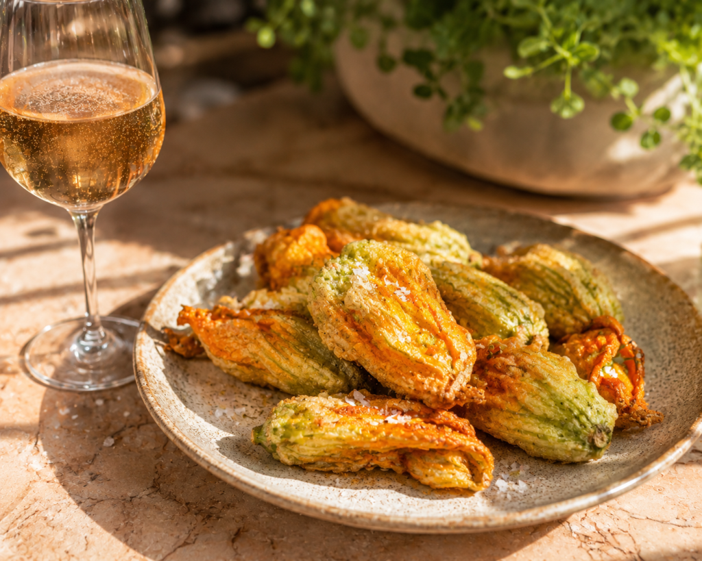 A plate of golden fried stuffed zucchini blossoms with flaky salt and a glass of sparkling rose