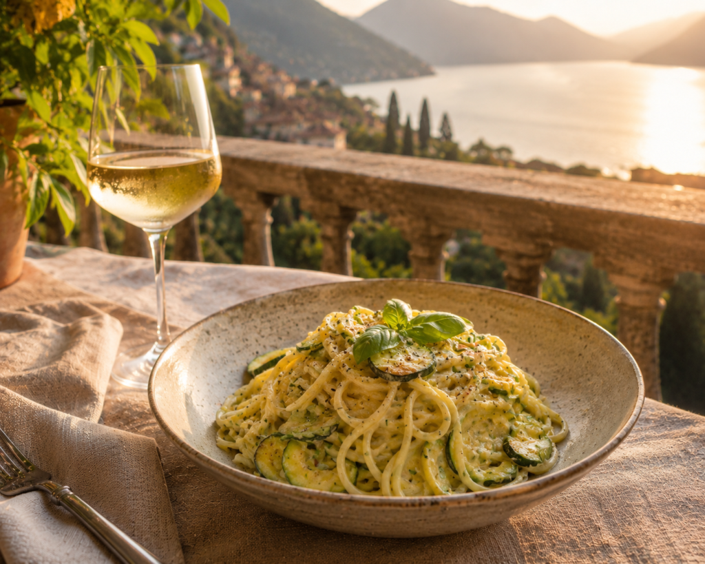 A bowl of creamy zucchini spaghetti alla Nerano on a linen table overlooking Lake Como at golden hour