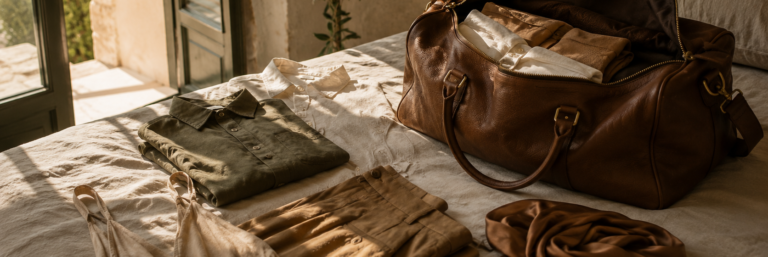 A warm-neutral capsule wardrobe in camel, cream, and sand folded beside a travel bag