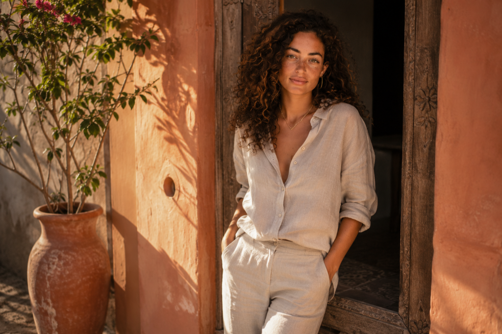 Woman in warm-neutral linen standing in a sunlit Mexican doorway in late afternoon
