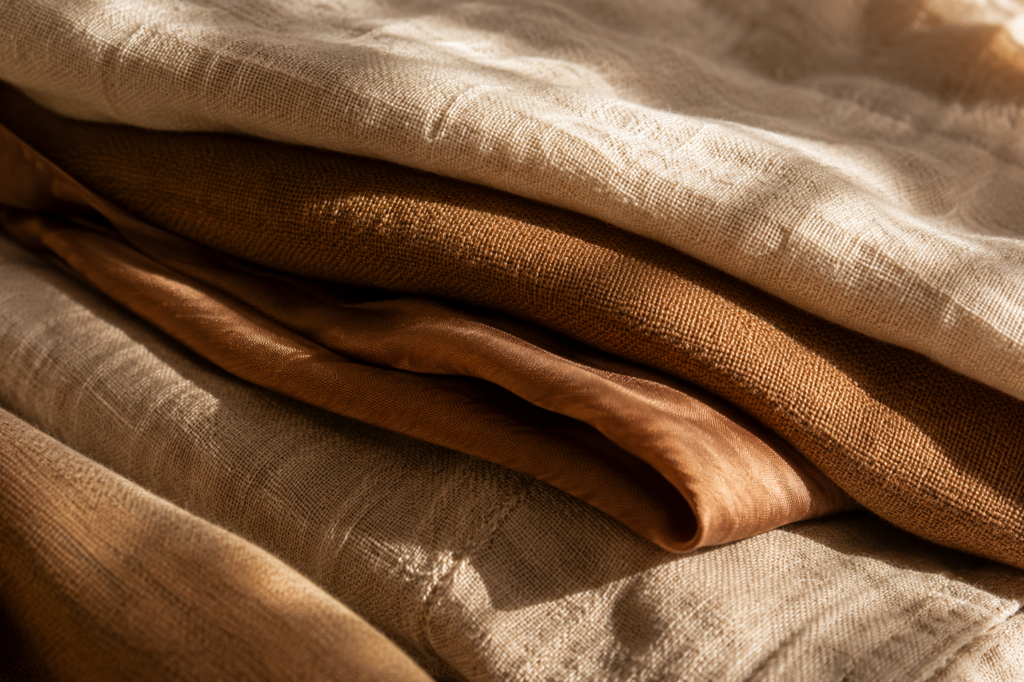 Close-up of folded linen and camel natural fibers in warm raking light