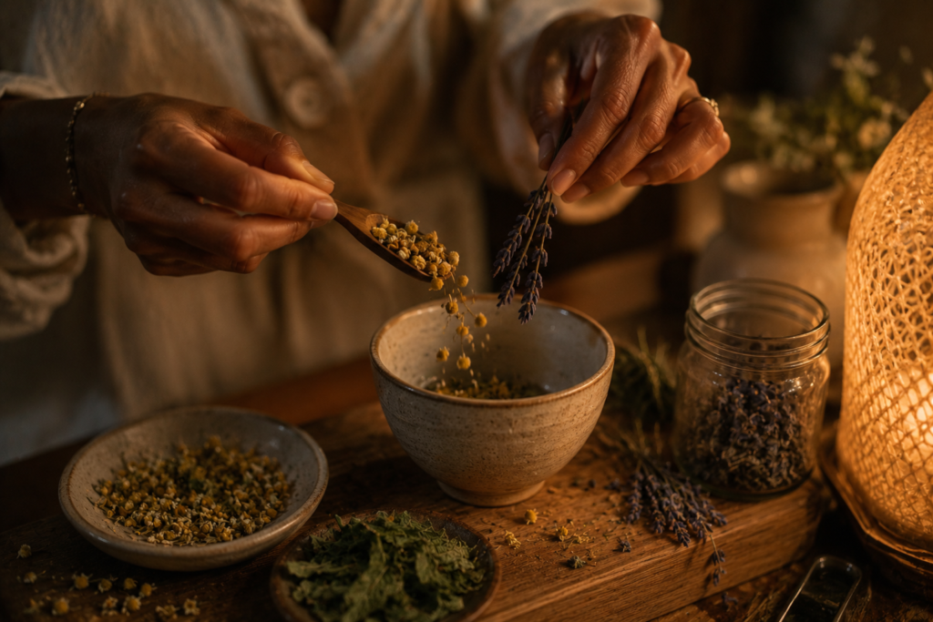 Dried chamomile flowers, lemon balm, and lavender being added to a cup for an evening tea.