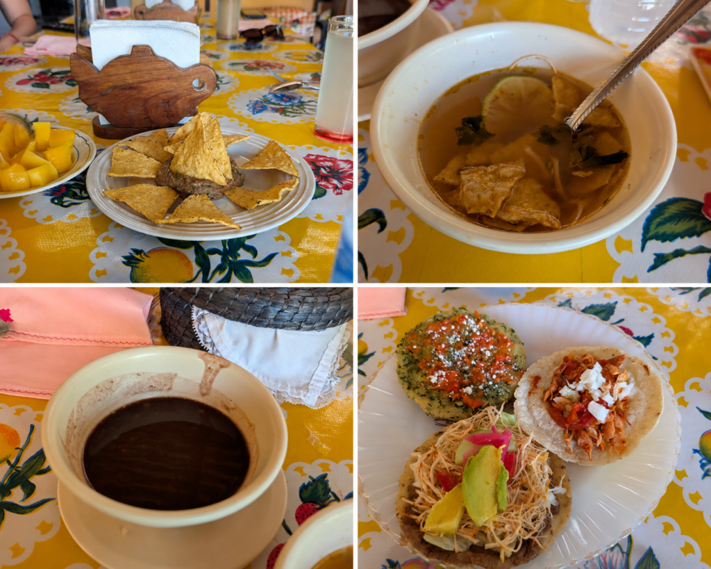 Collage of a locally prepared Yucatecan meal with tortilla chips and bean dip, soup with lime and tortilla pieces, a dark traditional drink, and handmade corn dishes topped with chicken, avocado, salsa, and cheese.