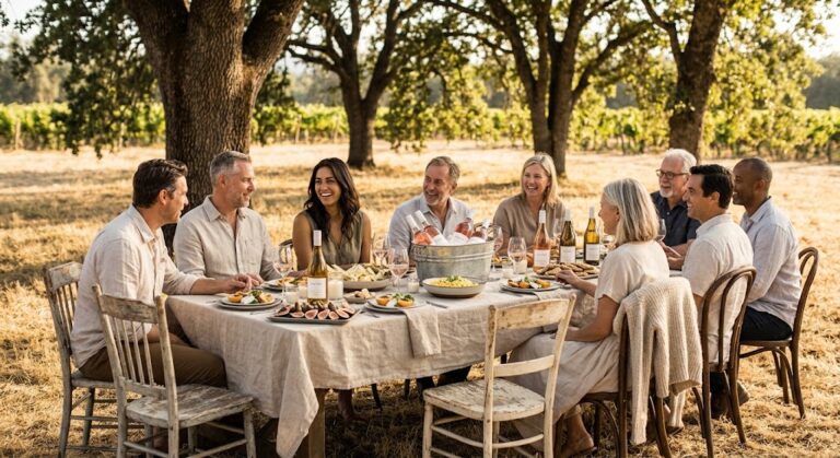 Late summer dinner party table outdoors with ONEHOPE wine chilling in an ice bucket, grilled peaches with burrata, corn risotto, and fresh figs