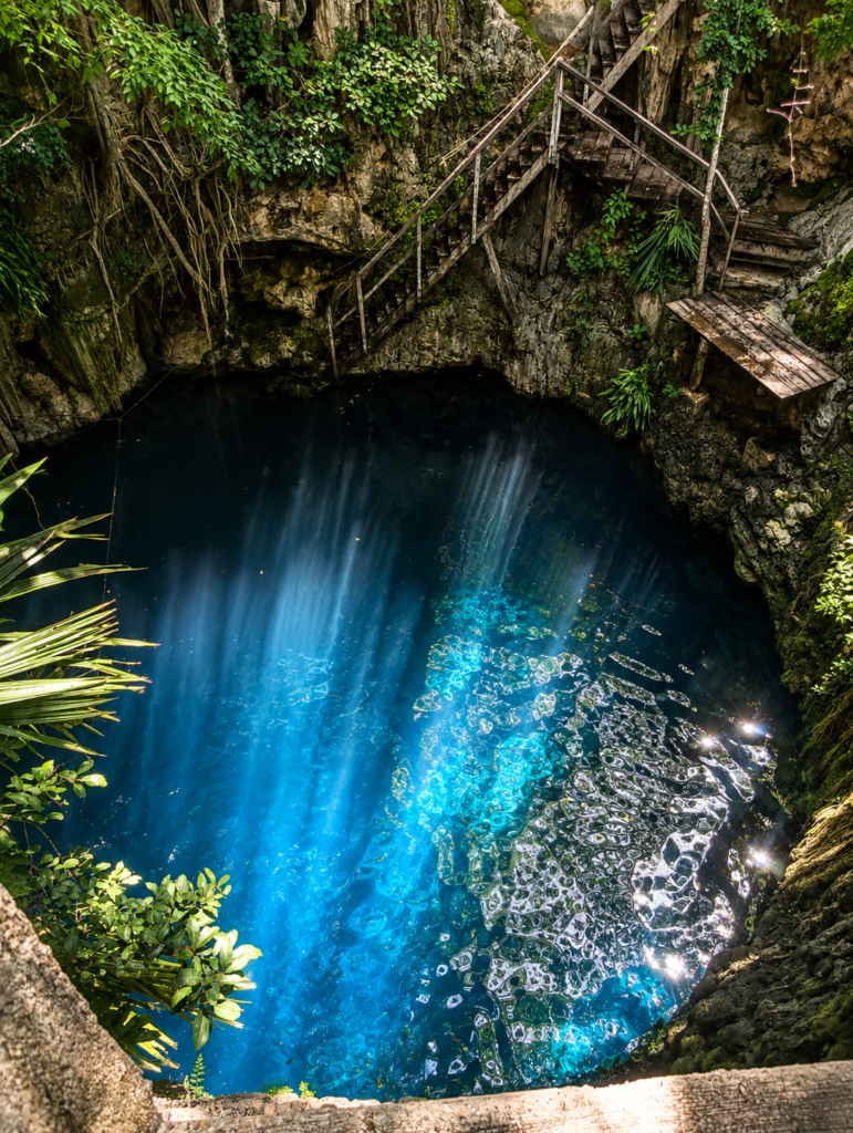Overhead view of Cenote Yaal Utzil in Yucatán, with deep blue water illuminated by sunlight and surrounded by limestone walls, tropical greenery, and wooden stairs.