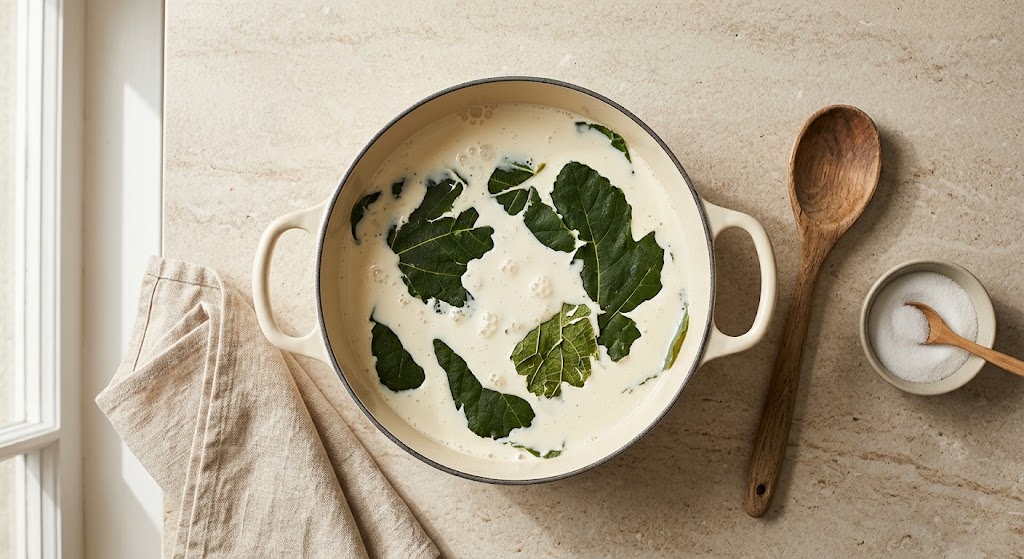 Torn fig leaves steeping in warm cream in a saucepan on a kitchen counter
