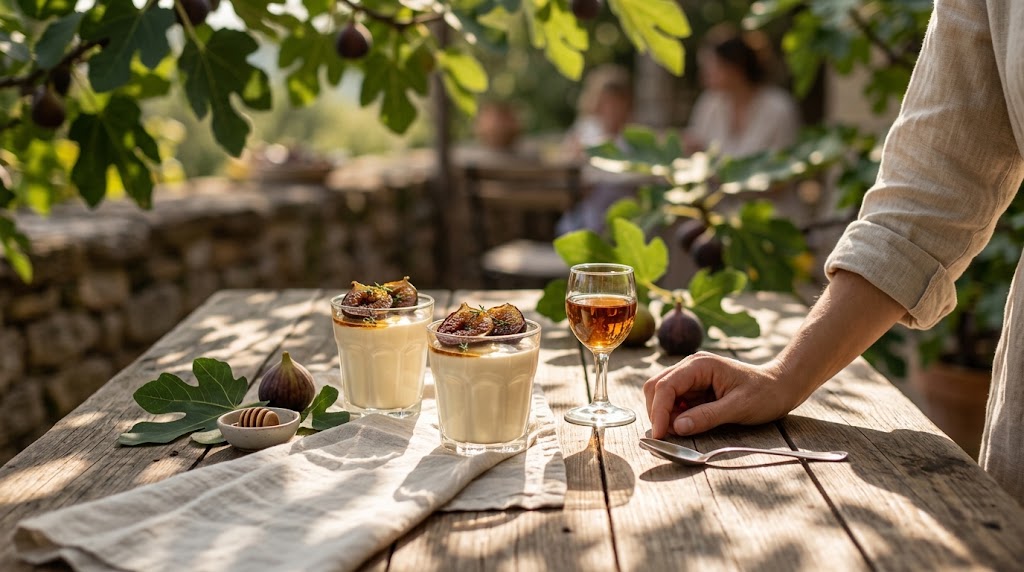 Two servings of fig leaf panna cotta on an outdoor table with a small glass of dessert wine