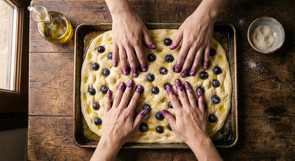 Hands pressing dark grapes into olive oiled bread dough in a sheet pan for schiacciata con l’uva