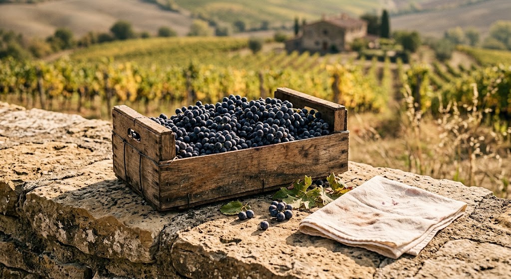Small dark wine grapes in a shallow crate resting on a sunlit stone ledge in Tuscany