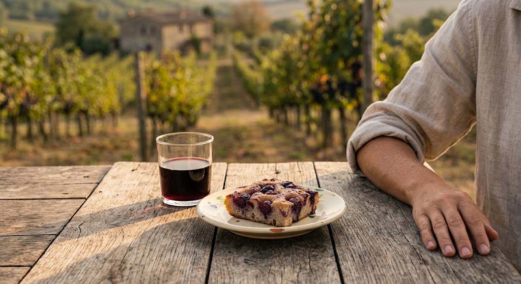 A square of schiacciata con l’uva on a small plate beside a glass of young red wine on an outdoor table