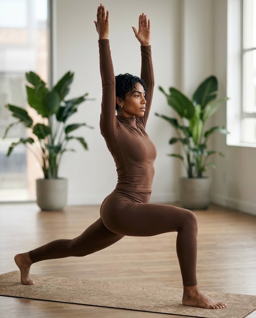 Black woman holding High Lunge with both arms extended overhead