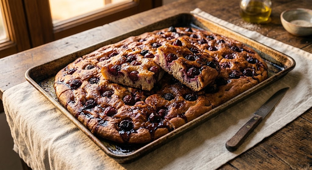 Baked schiacciata con l’uva cut into squares on a wooden table, caramelized dark at the edges