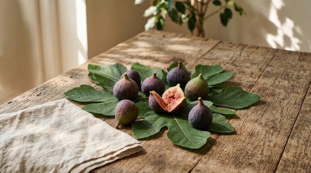 Fresh green fig leaves and ripe figs resting on a wooden table in warm September light